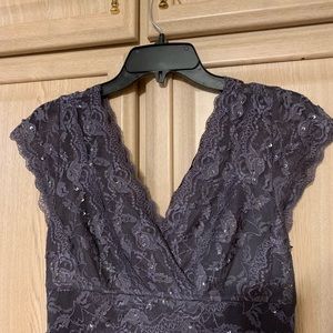 Tiered Beaded Lace V-Neck/Back Cap Sleeve Dress